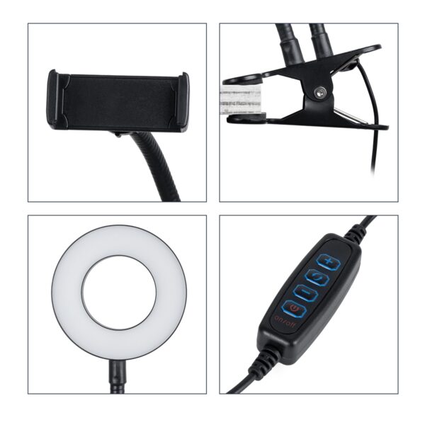 GloboStar® 75809 Professional Digital Ring Light Φ9cm LED SMD 10W 1000lm 180° DC 5V με Καλώδιο Τροφοδοσίας USB – Ενσωματωμένο Χειριστήριο Εναλλαγής Χρωμάτων & 1 Βάση Τηλεφώνου – CCT Θερμό Λευκό 3000K – Φυσικό Λευκό 4500K – Ψυχρό Λευκό 6000K Dimmable Μαύρο