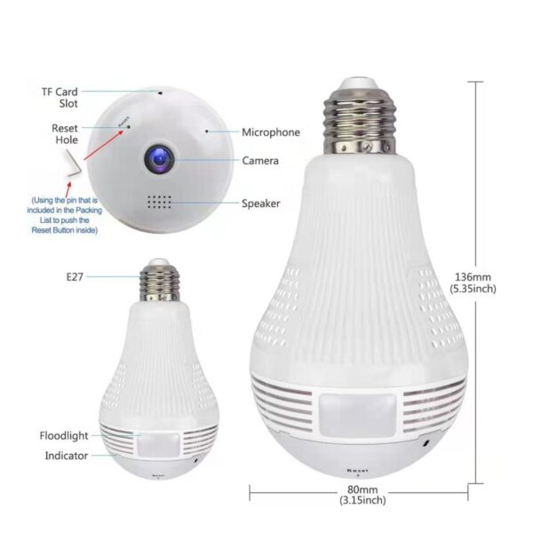 GloboStar® 76073 WIFI 2.4G IP CAMERA 2.0MP 1080P – Έξυπνη Κρυφή IP Κάμερα WiFi 1080P Fish Eye 360° 3W LED σε Σχήμα Λάμπας με Ντουί και Βάση E27 Smart Home
