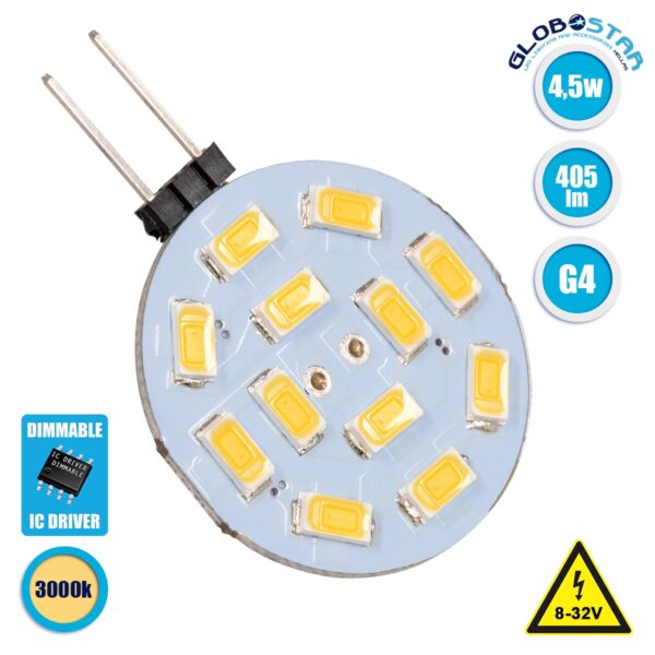 GloboStar® 76101 Λάμπα G4 LED SMD 5630 4.5W 405lm 120° DC 12-24V Side Pin Θερμό Λευκό 3000K