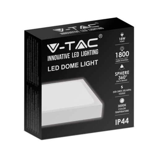 LED Πλαφονιέρα Τετράγωνη 18W V-TAC σε Λευκό Σώμα IP44 Θερμό 3000K – 7624