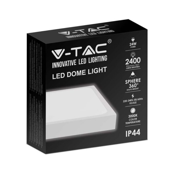 LED Πλαφονιέρα 24W Τετράγωνη σε Λευκό Σώμα Θερμό 3000K IP44 V-TAC – 7627