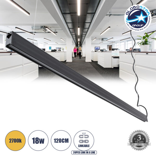 GloboStar® MARKET 61022-P Γραμμικό Κρεμαστό Φωτιστικό Linear LED 18W 2170lm 60° AC 220-240V Μ120 x Π2 x Υ4cm Θερμό Λευκό 2700K - Μαύρο - 3 Years Warranty