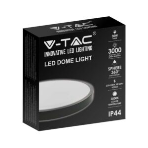 LED Πλαφονιέρα Στρογγυλή 30W V-TAC σε Μαύρο Σώμα IP44 Θερμό 3000K – 7639