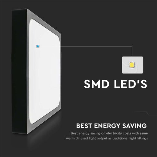 LED Πλαφονιέρα 18W Τετράγωνη σε Μαύρο Σώμα Θερμό 3000K IP44 V-TAC – 7642