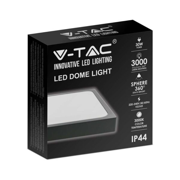 LED Πλαφονιέρα Τετράγωνη 30W V-TAC σε Μαύρο Σώμα IP44 Θερμό 3000K – 7648
