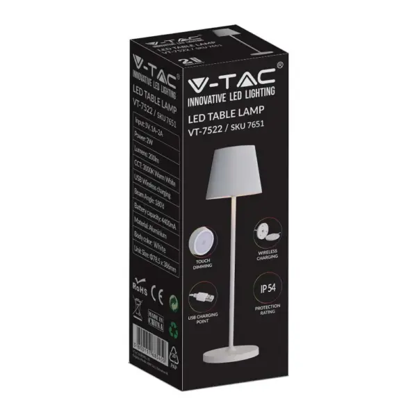 LED φωτιστικό γραφείου 2W επαναφορτιζόμενο 3000Κ με λευκό σώμα dimmable V-TAC – 7651