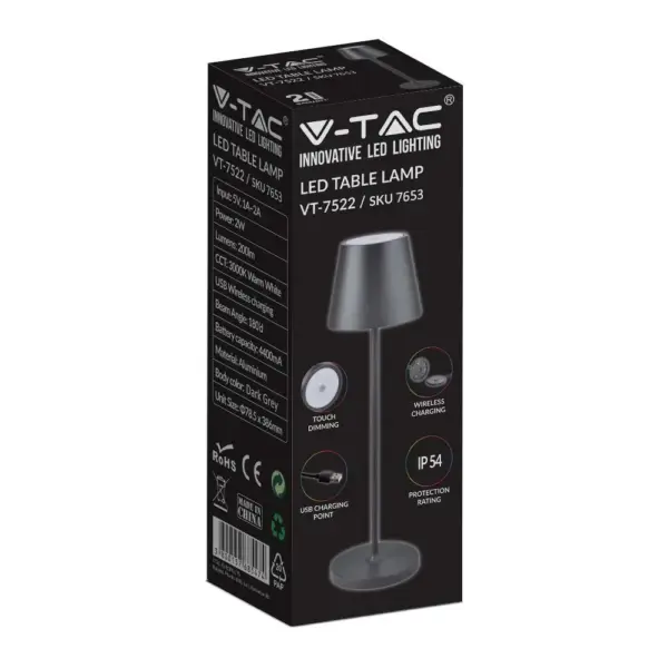 LED Επαναφορτιζόμενο Πορτατίφ V-TAC 2W Dimmable με Γκρι Σώμα IP 54 Θερμό Λευκό 3000K – 7653