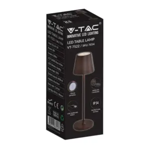 LED Επαναφορτιζόμενο Πορτατίφ V-TAC 2W Dimmable με Καφέ Σώμα IP 54 Θερμό Λευκό 3000K – 7654