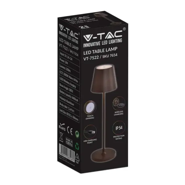 LED Επαναφορτιζόμενο Πορτατίφ V-TAC 2W Dimmable με Καφέ Σώμα IP 54 Θερμό Λευκό 3000K – 7654