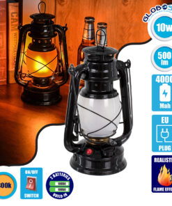 GloboStar® 76546 Vintage Επιτραπέζιο Διακοσμητικό Φωτιστικό LED Retro Μαύρο Φαναράκι Flame Effect 10W 500lm Επαναφορτιζόμενο με Διακόπτη On/Off & Καλώδιο Πρίζα Σούκο – Μπαταρίας 2×18650 4000Mah (Περιλαμβάνονται) Ultra Θερμό Λευκό 1800K
