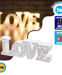 GloboStar® 76549 Λευκό Μοντέρνο Επιτραπέζιο Διακοσμητικό Φωτιστικό LED Σήμανσης LOVE 2W με Διακόπτη On/Off Μπαταρίας 2xAAA (Δεν Περιλαμβάνονται) Θερμό Λευκό 2700K
