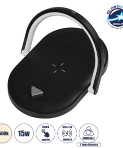 GloboStar® ECLIPSE 76558 Μοντέρνο Επιτραπέζιο Φωτιστικό Πορτατίφ LED 15W 1200lm 180° AC 230V – με Ασύρματη Φόρτιση – Wireless Charger – Διακόπτη Αφής με 3 Εντάσεις Φωτισμού Φυσικό Λευκό 4500K Dimmable – Μ17 x Π13 x Υ10 – Μαύρο