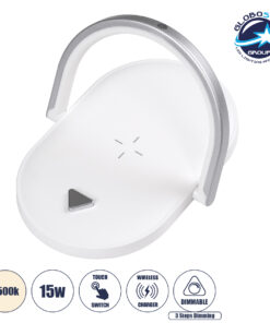 GloboStar® ECLIPSE 76559 Μοντέρνο Επιτραπέζιο Φωτιστικό Πορτατίφ LED 15W 1200lm 180° AC 230V – με Ασύρματη Φόρτιση – Wireless Charger – Διακόπτη Αφής με 3 Εντάσεις Φωτισμού Φυσικό Λευκό 4500K Dimmable – Μ17 x Π13 x Υ10 – Λευκό