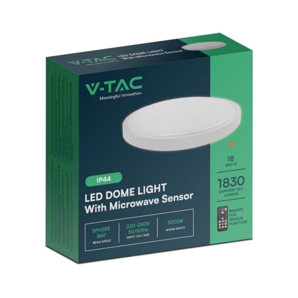 18W LED Dome Light Round Microwave Sensor White Frame 6500K IP44  V-TAC – 76611