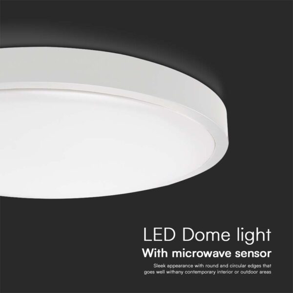 18W LED Dome Light Round Microwave Sensor White Frame 6500K IP44  V-TAC – 76611