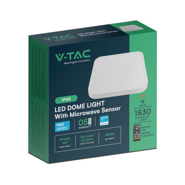 18W LED Πλαφονιέρα Τετράγωνη 30×30 Λευκή με Ανιχνευτή Κίνησης SAMSUNG Chip 1830lm 4000K IP44 V-TAC – 76661-24