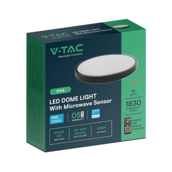 18W LED Πλαφονιέρα Στρογγυλή Φ300 Μαύρη με Ανιχνευτή Κίνησης SAMSUNG Chip 1830lm 4000K IP44 V-TAC – 76691-24