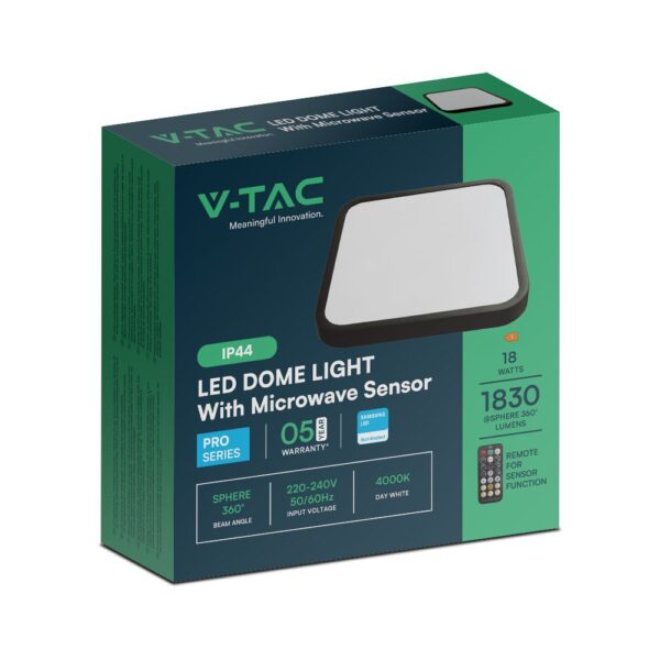 18W LED Πλαφονιέρα Τετράγωνη 30×30 Μαύρη με Ανιχνευτή Κίνησης SAMSUNG Chip 1830lm 4000K IP44 V-TAC – 76721-24