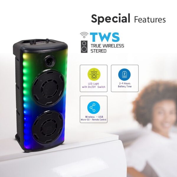 Φορητό Ασύρματο Επαναφορτιζόμενο Ηχείο Bluetooth 600W  RGB LED Τηλεχειριστήριο & Μικρόφωνο Καραόκε – 7677