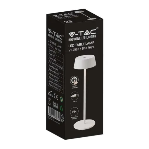 LED Επαναφορτιζόμενο Πορτατιφ 2W 3000Κ με Λευκό Σώμα  Dimmable  IP54 V-TAC – 7689