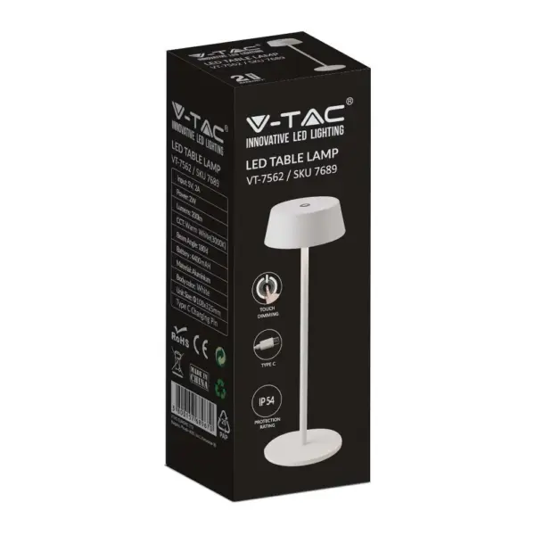 LED Επαναφορτιζόμενο Πορτατιφ 2W 3000Κ με Λευκό Σώμα  Dimmable  IP54 V-TAC – 7689