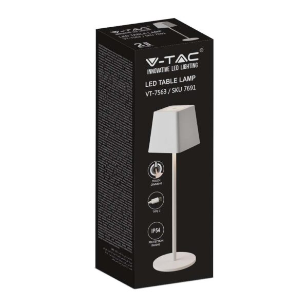 LED φωτιστικό γραφείου 2W επαναφορτιζόμενο 3000Κ με λευκό σώμα dimmable V-TAC – 7691