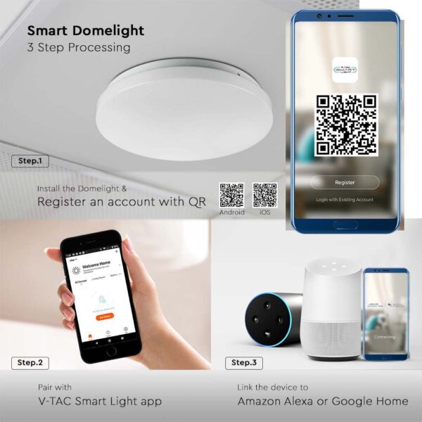 Wi-Fi Smart LED Πλαφονιέρα Λευκή με Έναστρο Κάλλυμα 24W V-TAC RGB+W CCT Dimmable – 7694