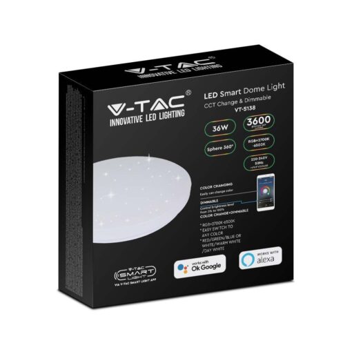 Smart LED Πλαφονιέρα Wi-Fi 36W 3600lm RGB+W CCT Dimmable Έναστρο Κάλυμμα V-TAC 7695