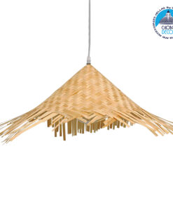 GloboStar® RICEHAT 01666 Vintage Κρεμαστό Φωτιστικό Οροφής Μονόφωτο 1 x E27 Μπέζ Ξύλινο Ψάθινο Bamboo Φ70 x Υ25cm