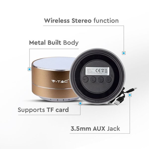 Mini Φορητό Ασύρματο Ηχείο V-TAC Bluetooth 3W Χρυσό – 7714