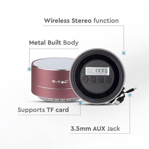 Mini Φορητό Ασύρματο Ηχείο V-TAC Bluetooth 3W Ροζ Χρυσό – 7715