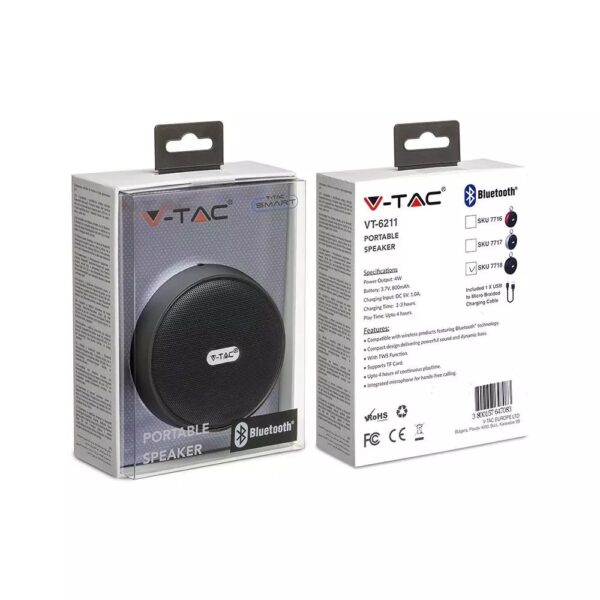Mini Φορητό Ασύρματο Ηχείο 4W με Μικρόφωνο V-TAC Bluetooth Μαύρο – 7718