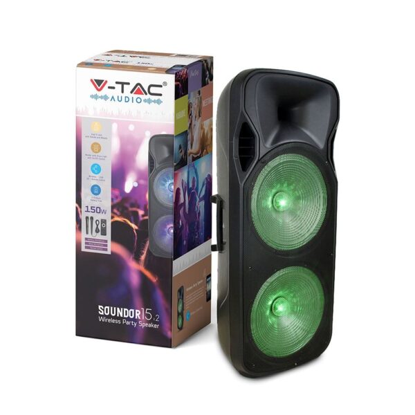 Φορητό Ασύρματο Ηχείο Bluetooth 150W RGB LED Τηλεχειριστήριο & Ασύρματο Μικρόφωνο Καραόκε V-TAC Μαύρο – 7733
