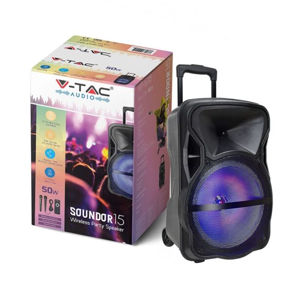 Φορητό Ασύρματο Ηχείο Bluetooth 50W Μπαταρία 2200mAh RGB LED Τηλεχειριστήριο & Ασύρματο Μικρόφωνο Καραόκε V-TAC Μαύρο – 7738