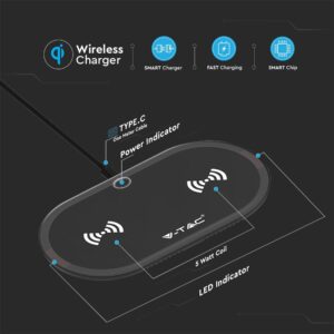 Ασύρματη διπλή βάση φόρτισης 10W, Μαύρο σώμα V-TAC – 7741