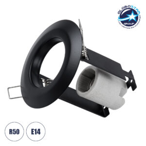 GloboStar® ALIBA 77841 Χωνευτή Στρογγυλή Μεταλλική Βάση Μπετού για Λάμπα R50 με Ντουί E14 AC 220-240V IP20 Φ9.2 x Υ9.5cm – Μαύρη – 5 Years Warranty