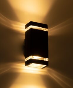 GloboStar® QUATRO 77893 Φωτιστικό Τοίχου – Απλίκα Αρχιτεκτονικού Φωτισμού Εσωτερικού/Εξωτερικού Χώρου Up & Down Δίφωτο 2 x GU10 AC220-240V Αδιάβροχο IP65 – Σώμα Αλουμινίου & Tempered Glass – Μ10.8 x Π10.5 x Υ25.5cm – Μαύρο – 5 Years Warranty