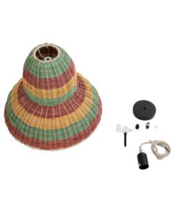 GloboStar® CABALLEROS 02057 Boho Κρεμαστό Φωτιστικό Οροφής Μονόφωτο 1 x E27 AC220-240V IP20 – Φ40 x Υ30cm – Πράσινο με Κίτρινο και Μπεζ με Κόκκινο Ξύλινο Μπαμπού Πλέγμα Καμπάνα – 5 Χρόνια Εγγύηση