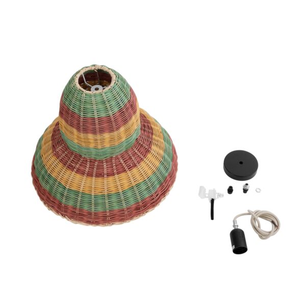 GloboStar® CABALLEROS 02057 Boho Κρεμαστό Φωτιστικό Οροφής Μονόφωτο 1 x E27 AC220-240V IP20 – Φ40 x Υ30cm – Πράσινο με Κίτρινο και Μπεζ με Κόκκινο Ξύλινο Μπαμπού Πλέγμα Καμπάνα – 5 Χρόνια Εγγύηση