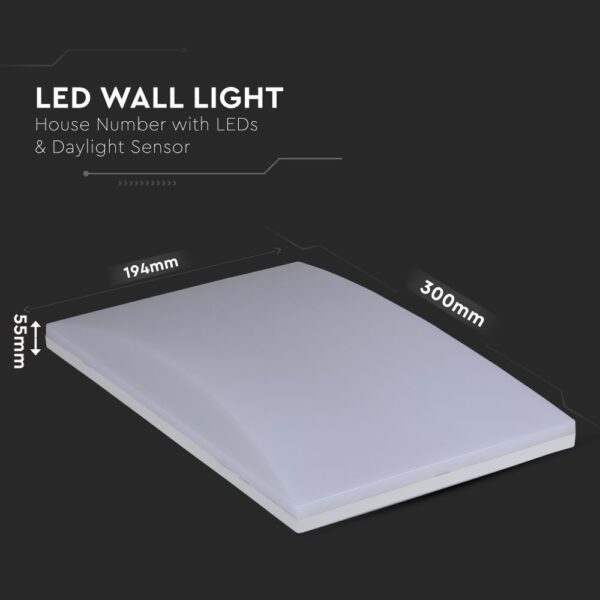 LED Φωτιστικό Τοίχου με Αυτοκόλλητα Αριθμούς- Γράμματα & Αισθητήρα Νύχτας-Μέρας 10W V-TAC PRO Samsung Chip IP54 800lm Θερμό Λευκό 3000K – 780