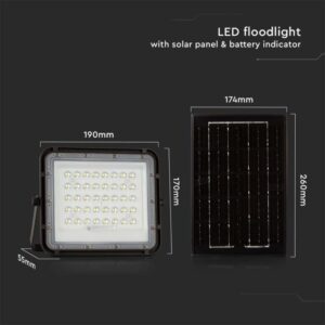 LED ηλιακός προβολέας 6W φυσικό λευκό 4000K με μαύρο σώμα και χειριστήριο V-TAC – 7822