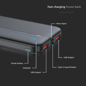 Power Bank 10000mAh και 2 Θύρες Type-C/Micro USB και 2 Θύρες USB Μαύρο V-TAC – 7831