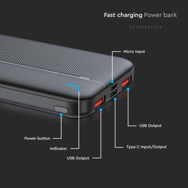 Power Bank 10000mAh και 2 Θύρες Type-C/Micro USB και 2 Θύρες USB Μαύρο V-TAC – 7831
