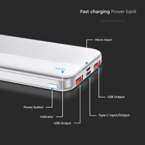 Power Bank 10000mAh και 2 Θύρες Type-C/Micro USB και 2 Θύρες USB Λευκό V-TAC – 7832