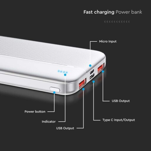 Power Bank 10000mAh και 2 Θύρες Type-C/Micro USB και 2 Θύρες USB Λευκό V-TAC – 7832