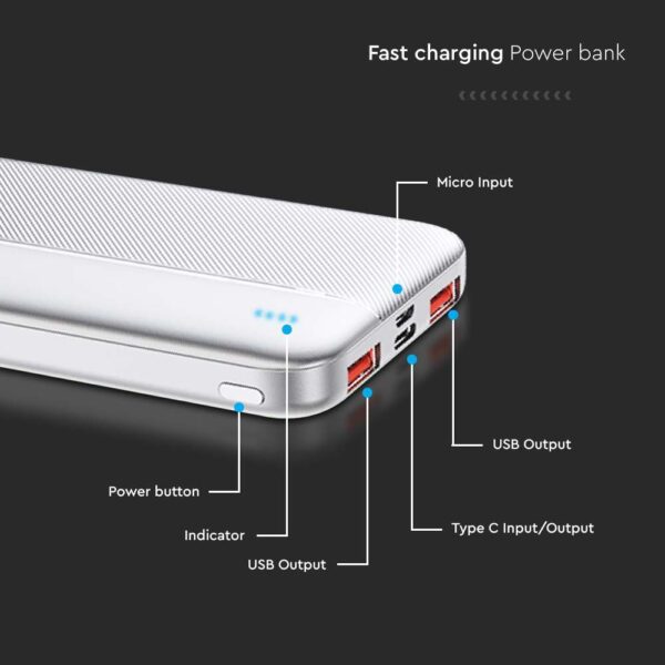 Power Bank 10000mAh και 2 Θύρες Type-C/Micro USB και 2 Θύρες USB Λευκό V-TAC – 7832