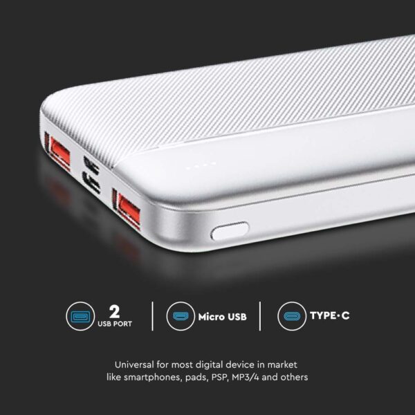 Power Bank 10000mAh και 2 Θύρες Type-C/Micro USB και 2 Θύρες USB Λευκό V-TAC – 7832