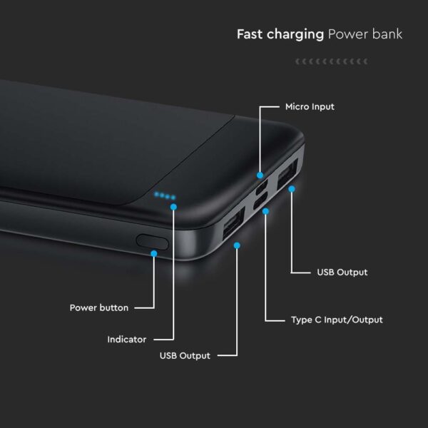 Power Bank με Fast Charging 10000mAh Μαύρο V-TAC με 2 USB – 7833