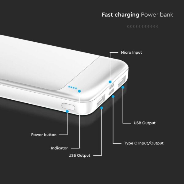 Power Bank με Fast Charging 10000mAh Λευκό V-TAC με 2 USB – 7834