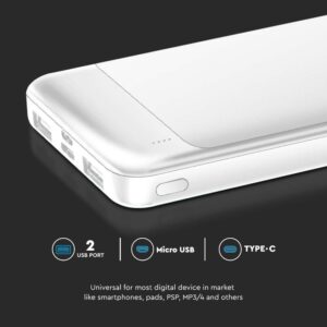 Power Bank με Fast Charging 10000mAh Λευκό V-TAC με 2 USB – 7834